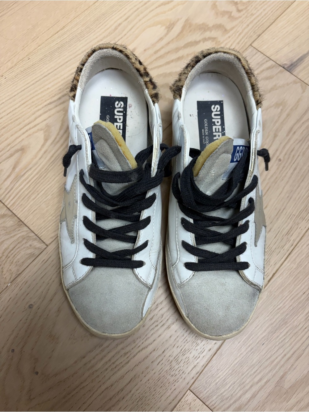 Golden Goose White, Gray & Black Sneakers with Leopard Heel Trim